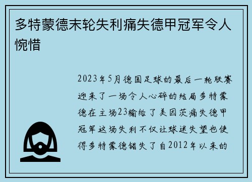 多特蒙德末轮失利痛失德甲冠军令人惋惜