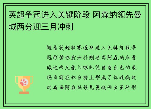 英超争冠进入关键阶段 阿森纳领先曼城两分迎三月冲刺
